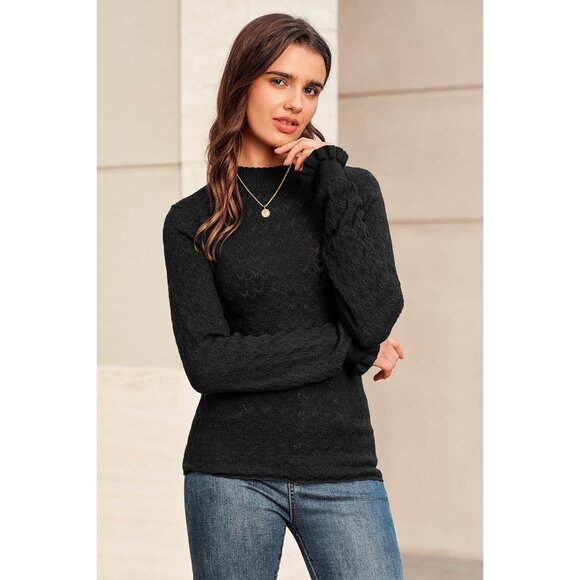 Womens Silk Wool Blend Mock Neck Sweater Long Sleeve Fitted Casual - Picture 3 of 6